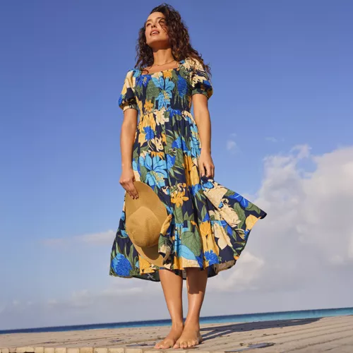 Women's Smocked Cotton Dobby Midi Puff Sleeve Dress, alternative image