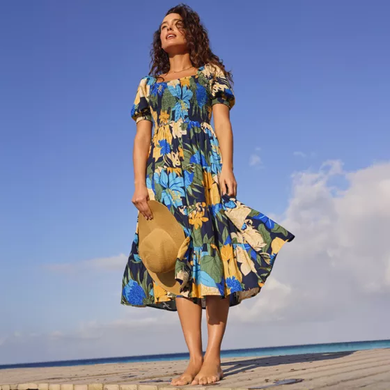 Women's Smocked Cotton Dobby Midi Puff Sleeve Dress - primary