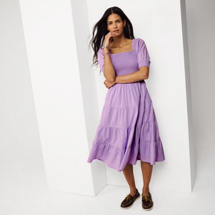 Women's Smocked Cotton Dobby Midi Puff Sleeve Dress - primary