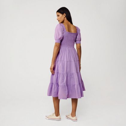 Women's Smocked Cotton Dobby Midi Puff Sleeve Dress - image 1