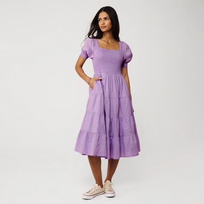 Women's Smocked Cotton Dobby Midi Puff Sleeve Dress - image 2