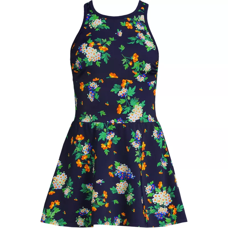 Women's Plus Size Tugless High Neck Swim Dress Swimsuit, Front