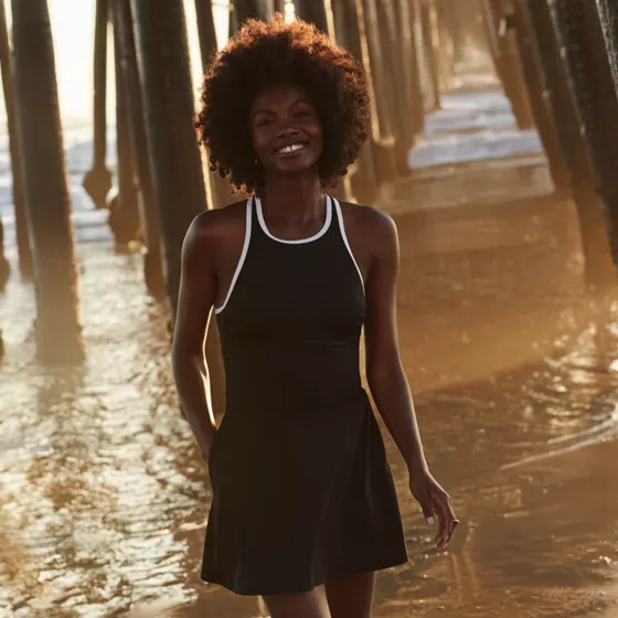 Women's Long Torso Tugless High Neck Swim Dress Swimsuit - primary