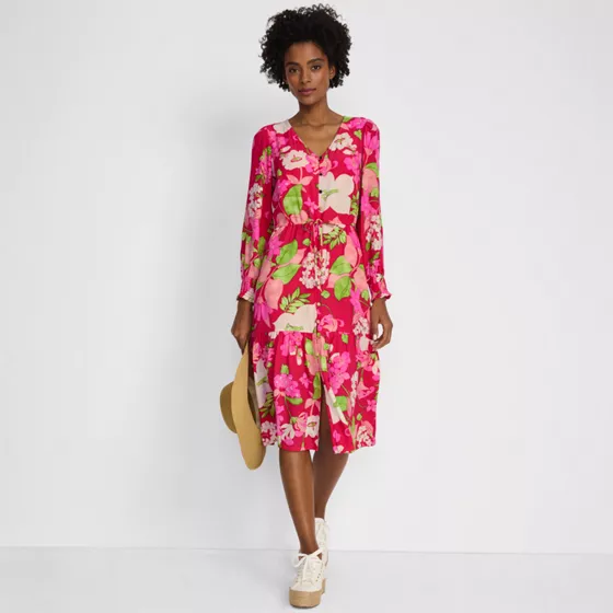 Women's Crepe Button Front Long Sleeve Midi Dress - primary