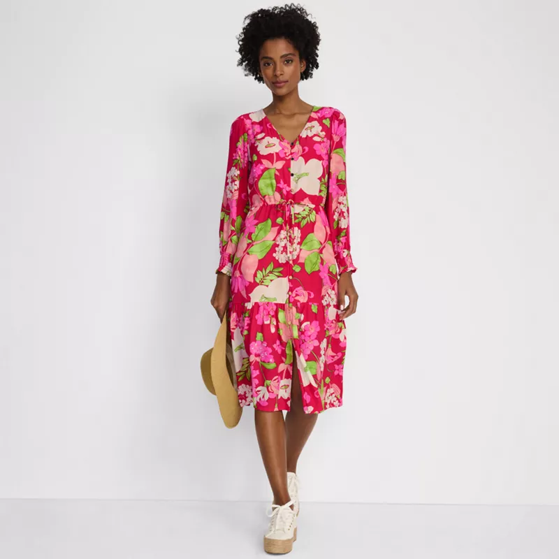 Women's Crepe Button Front Long Sleeve Midi Dress, alternative image