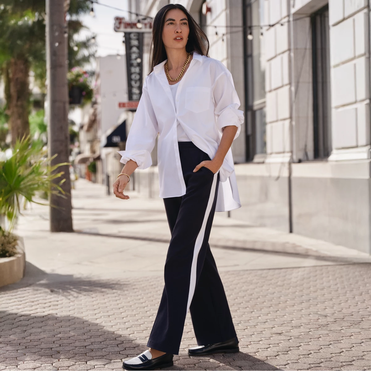 Women's Tall Sport Knit High Rise Relaxed Straight Leg Side Stripe Pants — Black/White by Lands' End