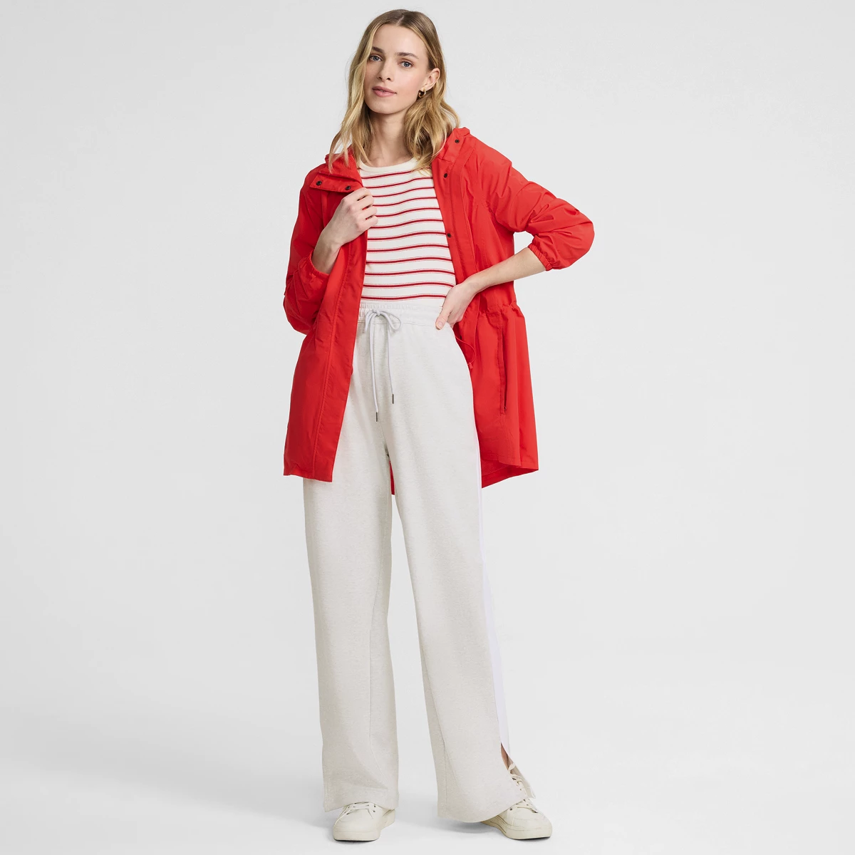 Women's Tall Sport Knit High Rise Relaxed Straight Leg Side Stripe Pants — Light Gray Heather/White by Lands' End