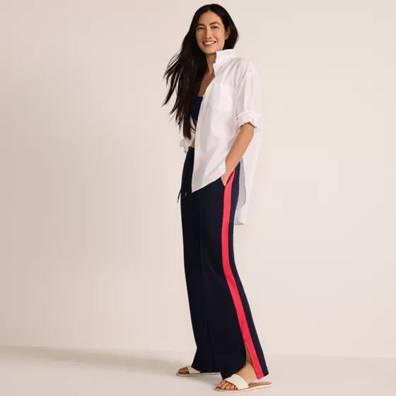 Women's Petite Sport Knit High Rise Relaxed Straight Leg Side Stripe Pants - primary