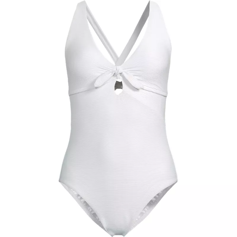 Women's Ribbed Knot Front One Piece Swimsuit, Front