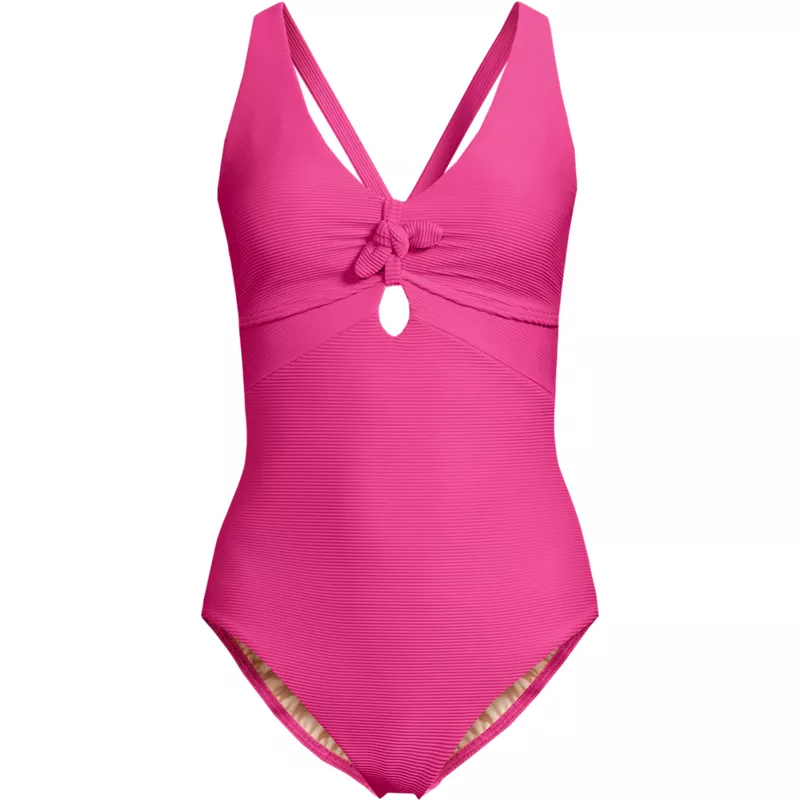 Women's Ribbed Knot Front One Piece Swimsuit, Front