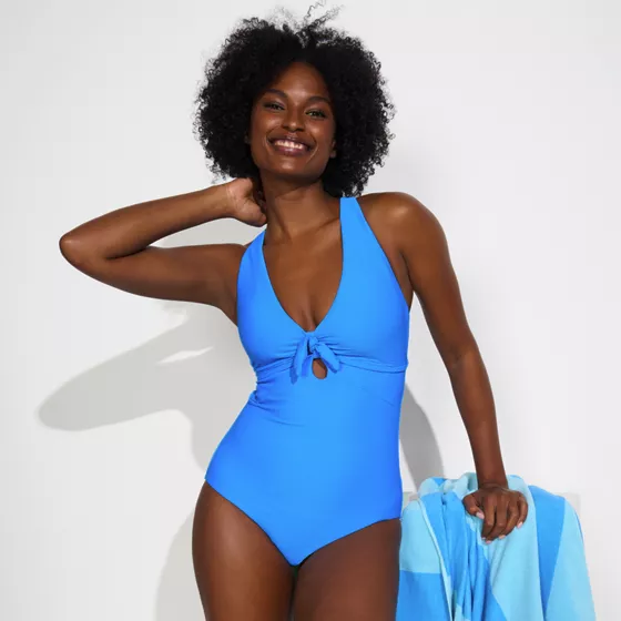 Women's Ribbed Knot Front One Piece Swimsuit - primary