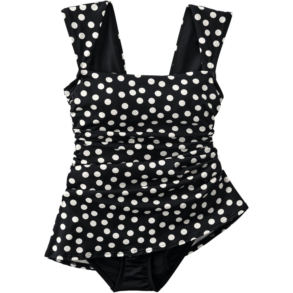 Lands' End Women's Smoothing Square Neck Ruched Swim Dress Swimsuit - Black/egret White Tossed Dots