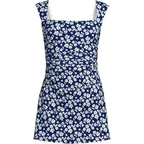 Women's Smoothing Square Neck Ruched Swim Dress Swimsuit, Front