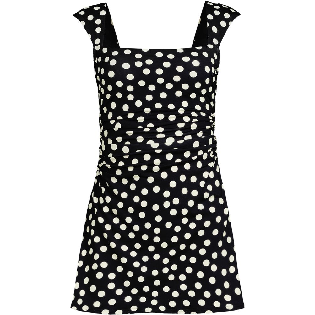 Lands' End Women's Smoothing Square Neck Ruched Swim Dress Swimsuit - Black/egret White Tossed Dots
