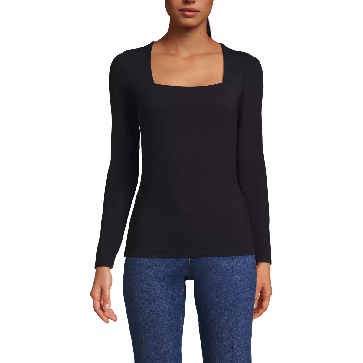 Women's Long Sleeve Tugless Double Layer Square Neck Knit Top
