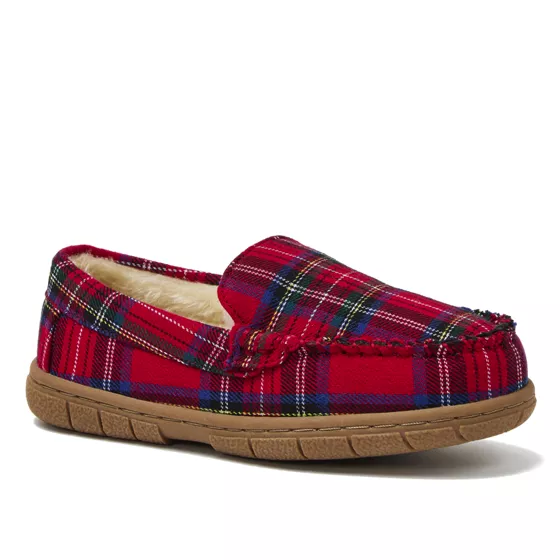 Kids Fuzzy Lined Plaid Moccasin Slippers - primary