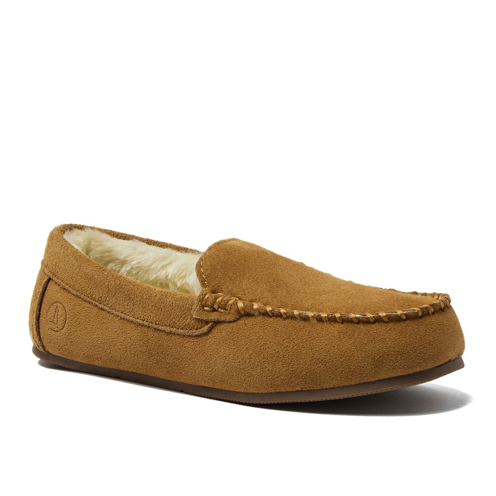 Women s Fuzzy Lined Suede Moccasin Slippers Lands End