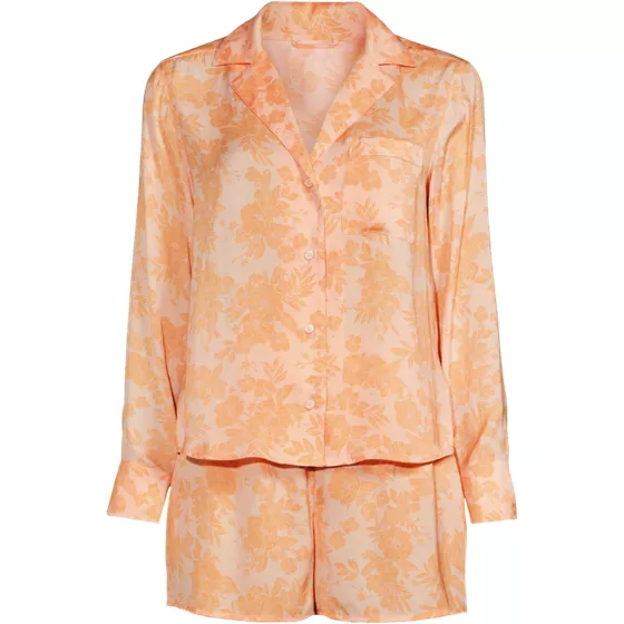Women's Matte Satin 2 Piece Pajama Set - Long Sleeve Top and Shorts - primary