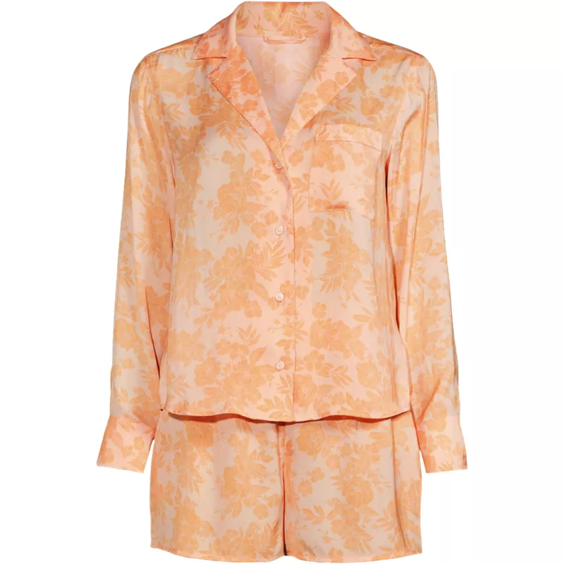 Women's Plus Size Matte Satin 2 Piece Pajama Set - Long Sleeve Top and Shorts, Front