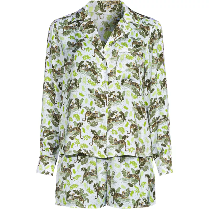Women's Matte Satin 2 Piece Pajama Set - Long Sleeve Top and Shorts, Front