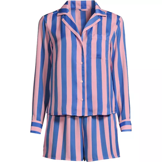Women's Matte Satin 2 Piece Pajama Set - Long Sleeve Top and Shorts - primary