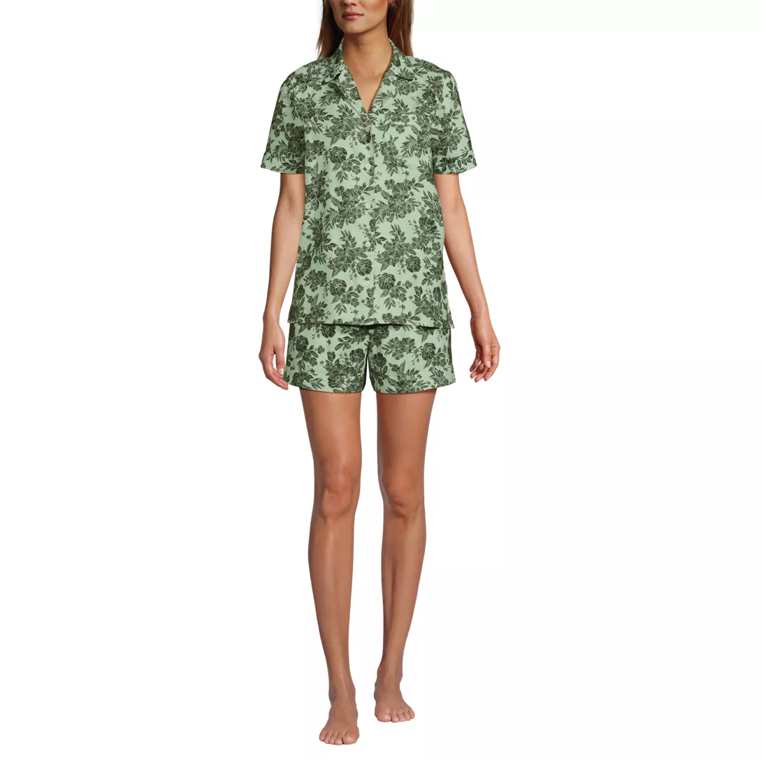 Women Linen 2 Piece Pajama Set - Short Sleeve Top and Shorts