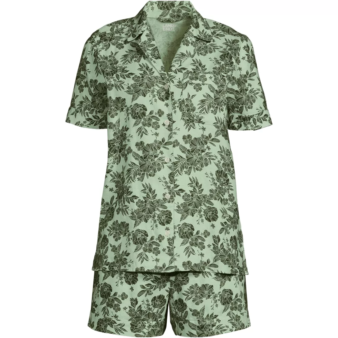 Women Linen 2 Piece Pajama Set - Short Sleeve Top and Shorts
