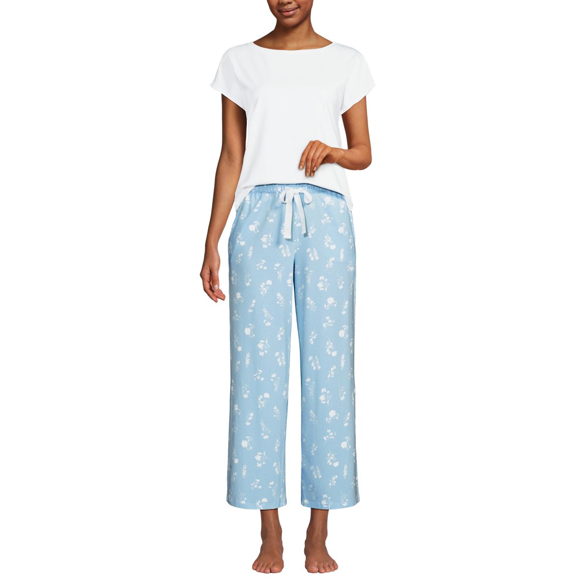 Women's Knit 2 Piece Pajama Set - Dolman Cap Sleeve Tee and Crop Pants
