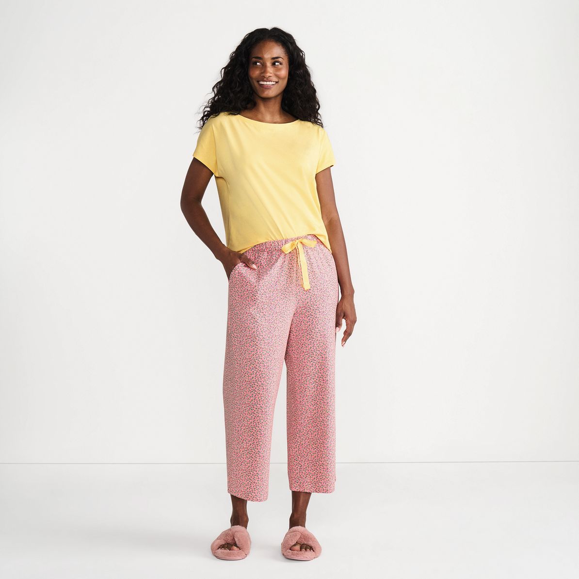 Women's Knit 2 Piece Pajama Set - Dolman Cap Sleeve Tee and Crop Pants
