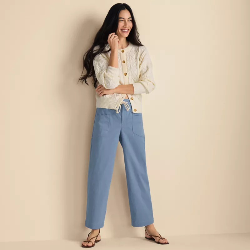 Women's Herringbone Chino High Rise Relaxed Straight Drawstring Ankle Pants, alternative image