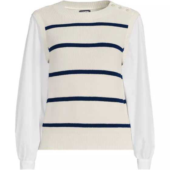 Women's Plus Size Drifter Shaker Button Shoulder Sweater Vest with Poplin Sleeves - primary