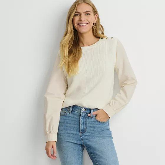 Women's Drifter Shaker Button Shoulder Sweater Vest with Poplin Sleeves - primary