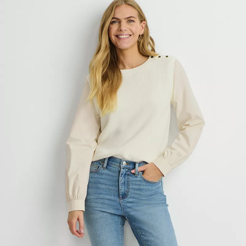 Women's Drifter Shaker Button Shoulder Sweater Vest with Poplin Sleeves, alternative image