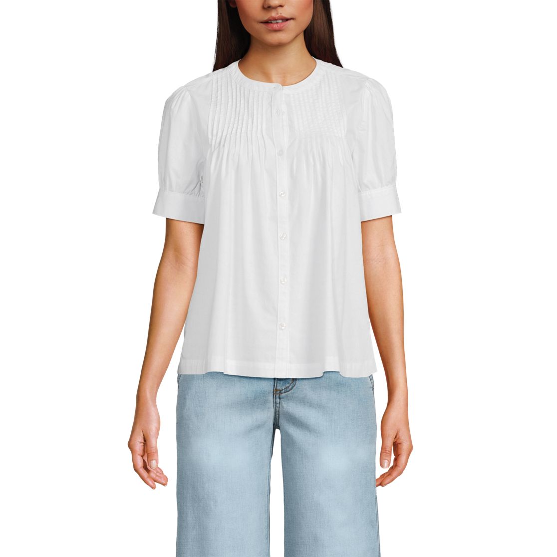 Women's Poplin Elbow Sleeve Pintuck Button Front Top