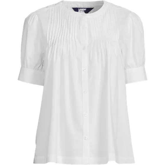 Women's Poplin Elbow Sleeve Pintuck Button Front Top - primary