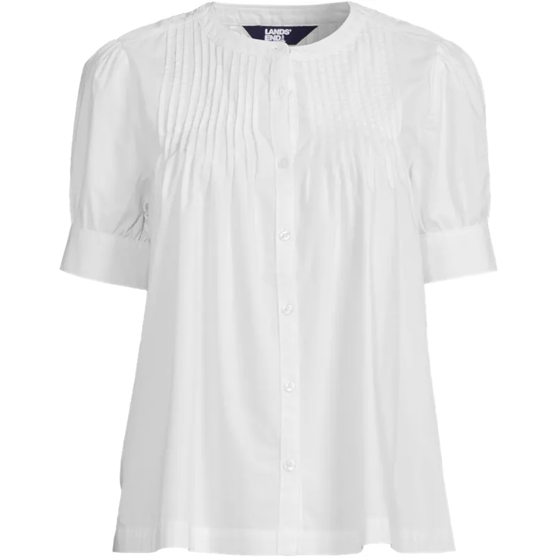 Women's Poplin Elbow Sleeve Pintuck Button Front Top, Front