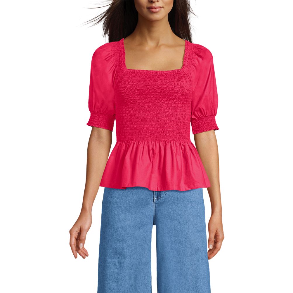 Women's Poplin Elbow Sleeve Smocked Top | Lands' End