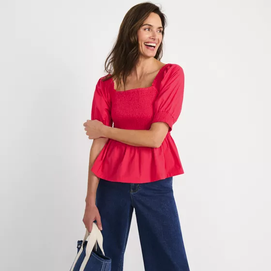 Women's Poplin Elbow Sleeve Smocked Top - primary