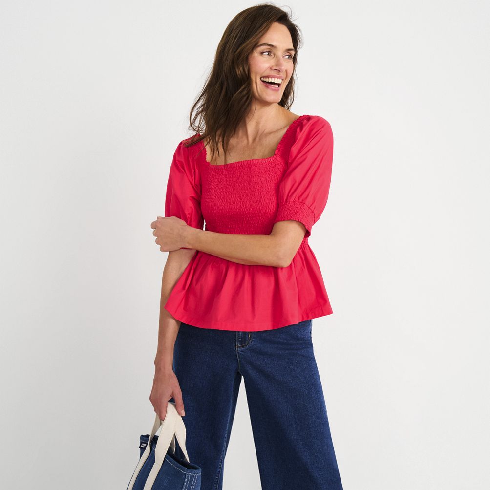 Women's Poplin Elbow Sleeve Smocked Top | Lands' End
