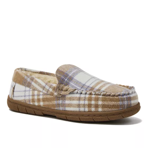 Women's Fuzzy Lined Plaid Moccasin Slippers - primary