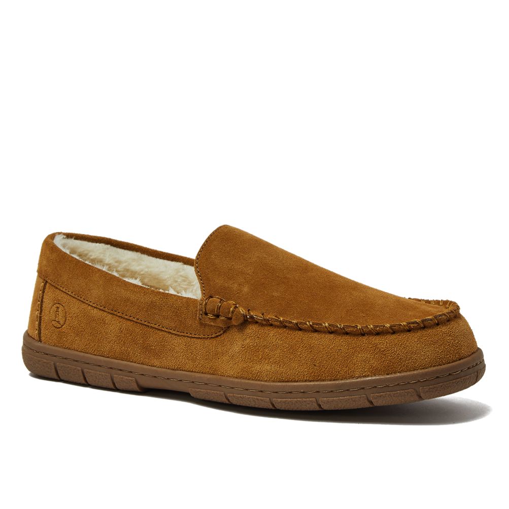 Men s Fuzzy Lined Suede Moccasin Slippers Lands End