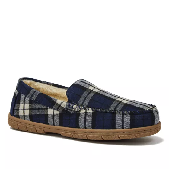 Men's Fuzzy Lined Plaid Flannel Moccasin Slippers - primary