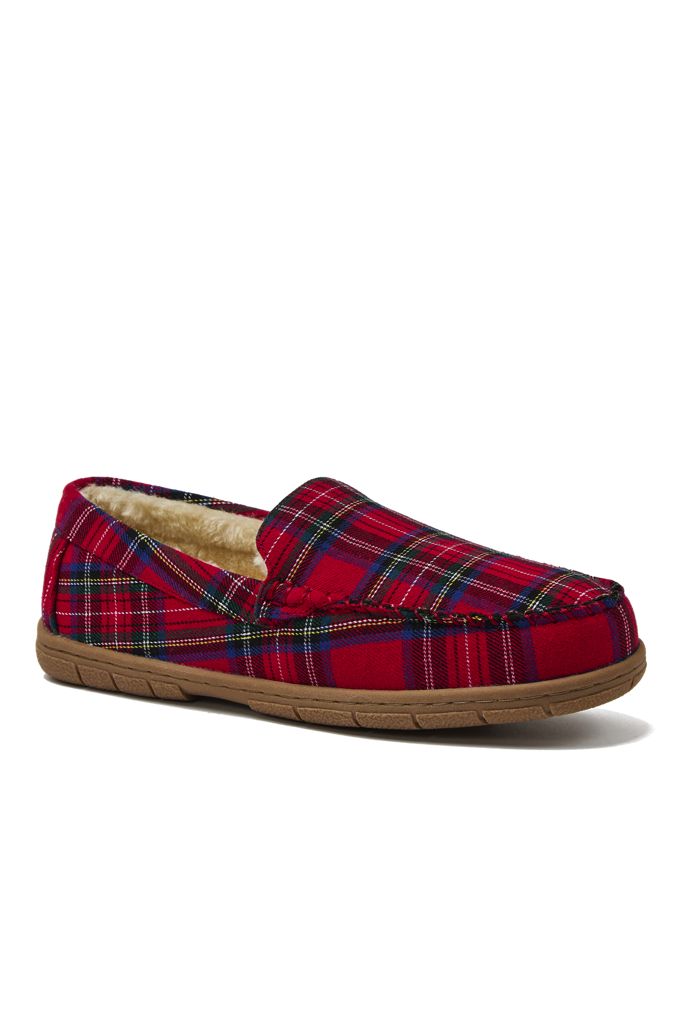 Lands' End Men's Fuzzy Lined Plaid Flannel Moccasin Slippers In Animal Print