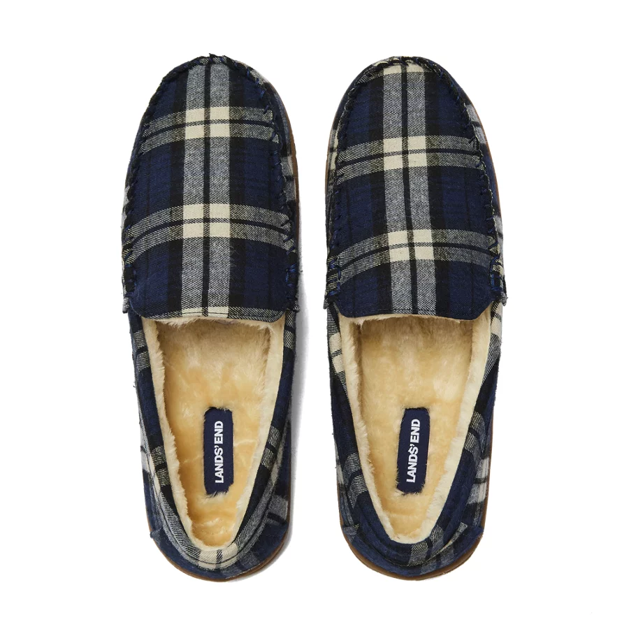 Men's Fuzzy Lined Plaid Flannel Moccasin Slippers view 2