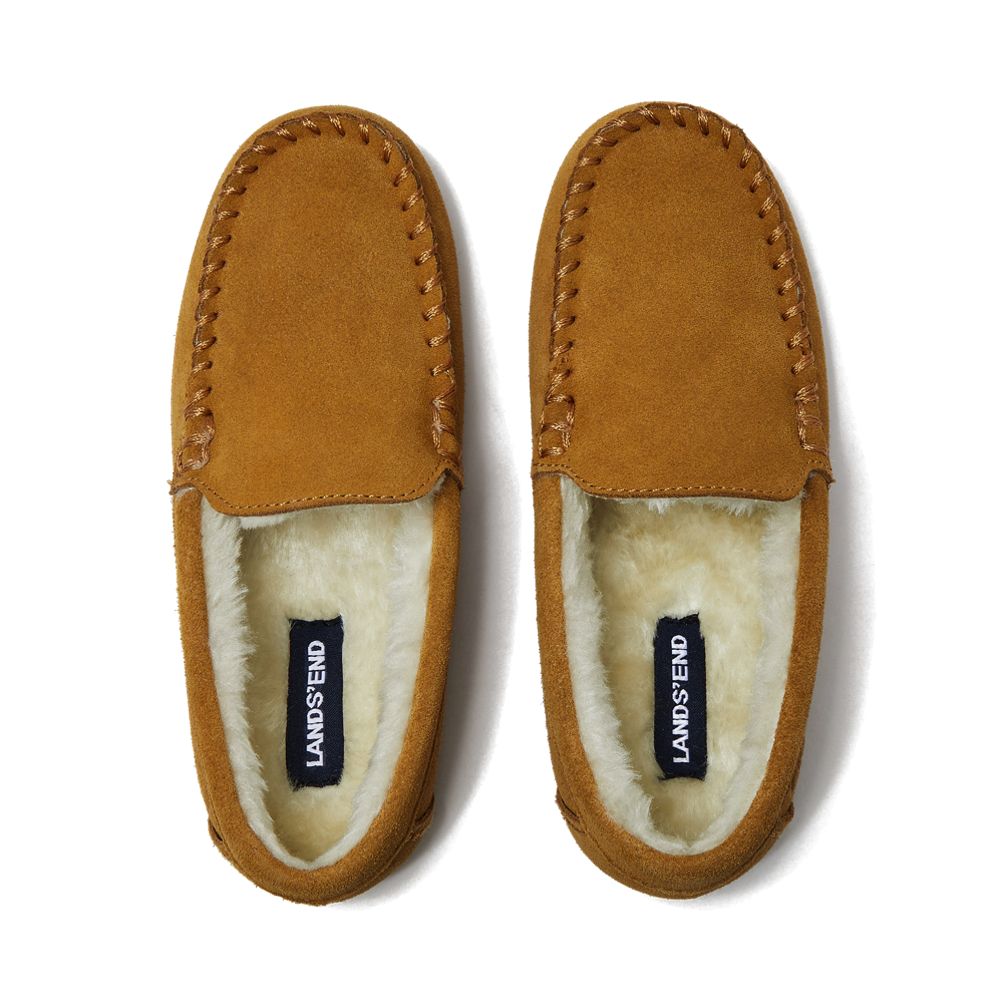 Kids Fuzzy Lined Suede Moccasin Slippers Lands End