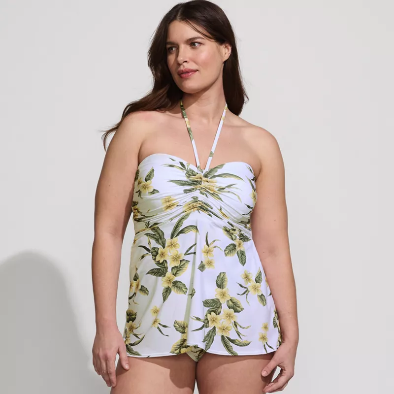 Women's Plus Size Ruched Multi-Way Mini Swim Dress Swimsuit, Front