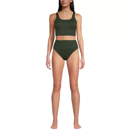 Women's Tugless Ribbed Midkini and High Waisted Bottom Swimsuit Set, Front