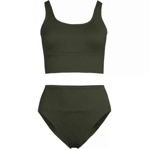 Women's Tugless Ribbed Midkini and High Waisted Bottom Swimsuit Set, Front