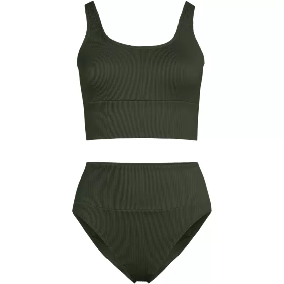 Women's Plus Size Tugless Ribbed Midkini and High Waisted Bottom Swimsuit Set - primary