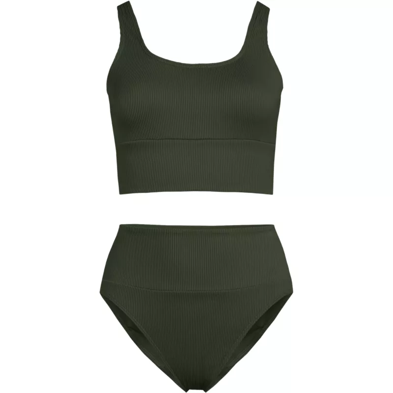 Women's Plus Size Tugless Ribbed Midkini and High Waisted Bottom Swimsuit Set, Front
